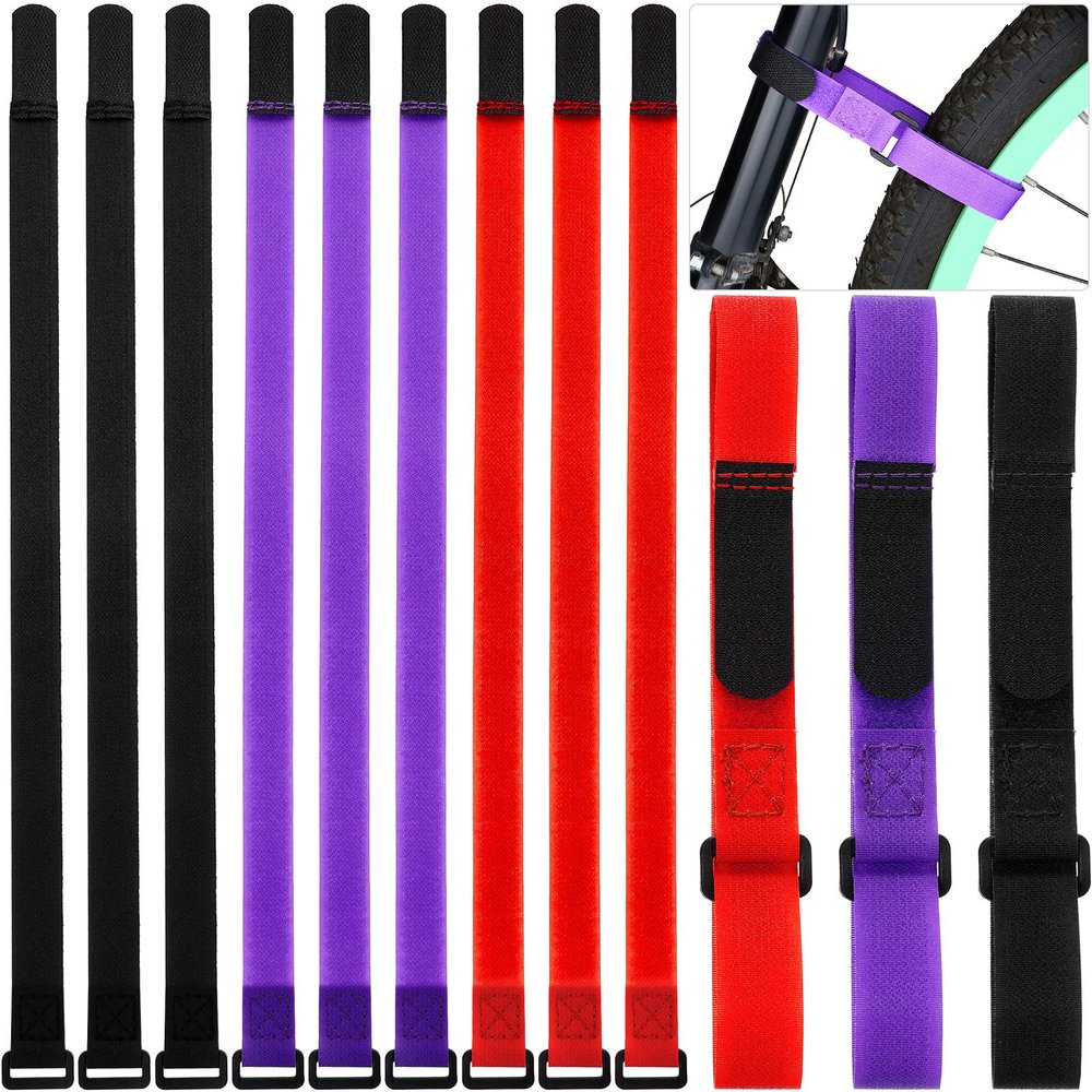 12 Pieces Bike Rack Straps 23.6 Inches Adjustable Bike Cinch Straps Wheel Stabilizer Bicycle Accessories for Transporting Bicycles(Black, Purple, Red)