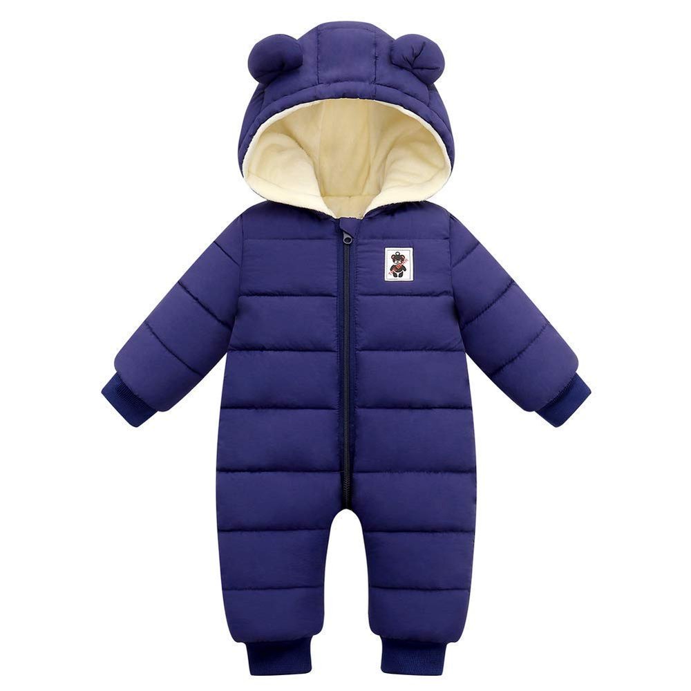 Bestgift Unisex Baby Hooded Winter Snowsuit Infant Warm Puffer Romper Blue 9-12 Months