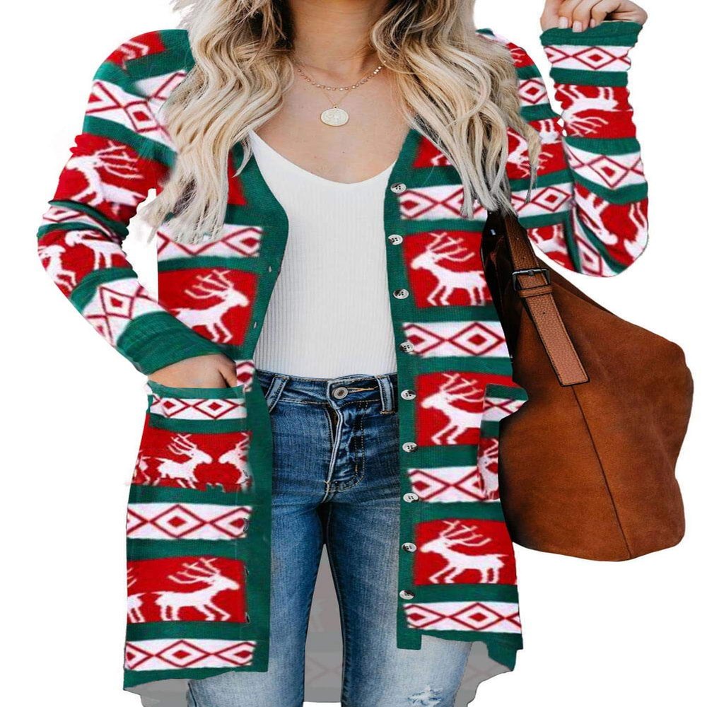 Red Christmas Element Print Long Cardigan