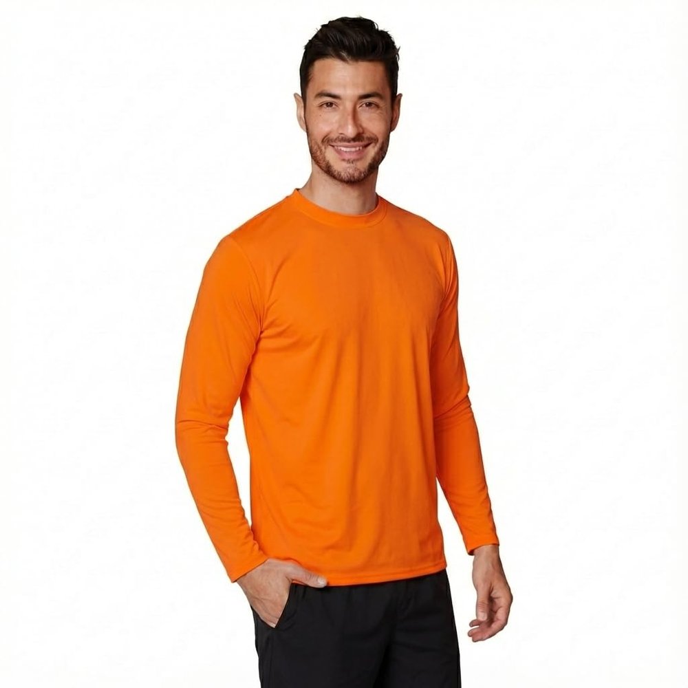 INGEAR Mens UPF 50+ Long Sleeve Sun Shirt  Quick-Dry UV Protection Rash Guard for Fishing, Hiking, Swimming & Outdoor Sports (Neon Orange, Small)
