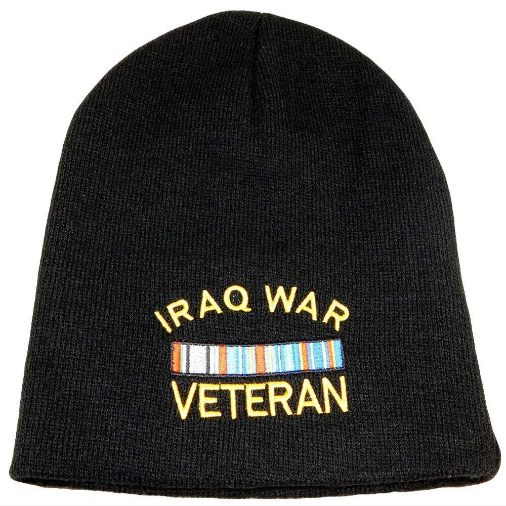 Iraq War Vet Veteran Ribbon Embroidered on 8" Black Knit Beanie Skull Cap
