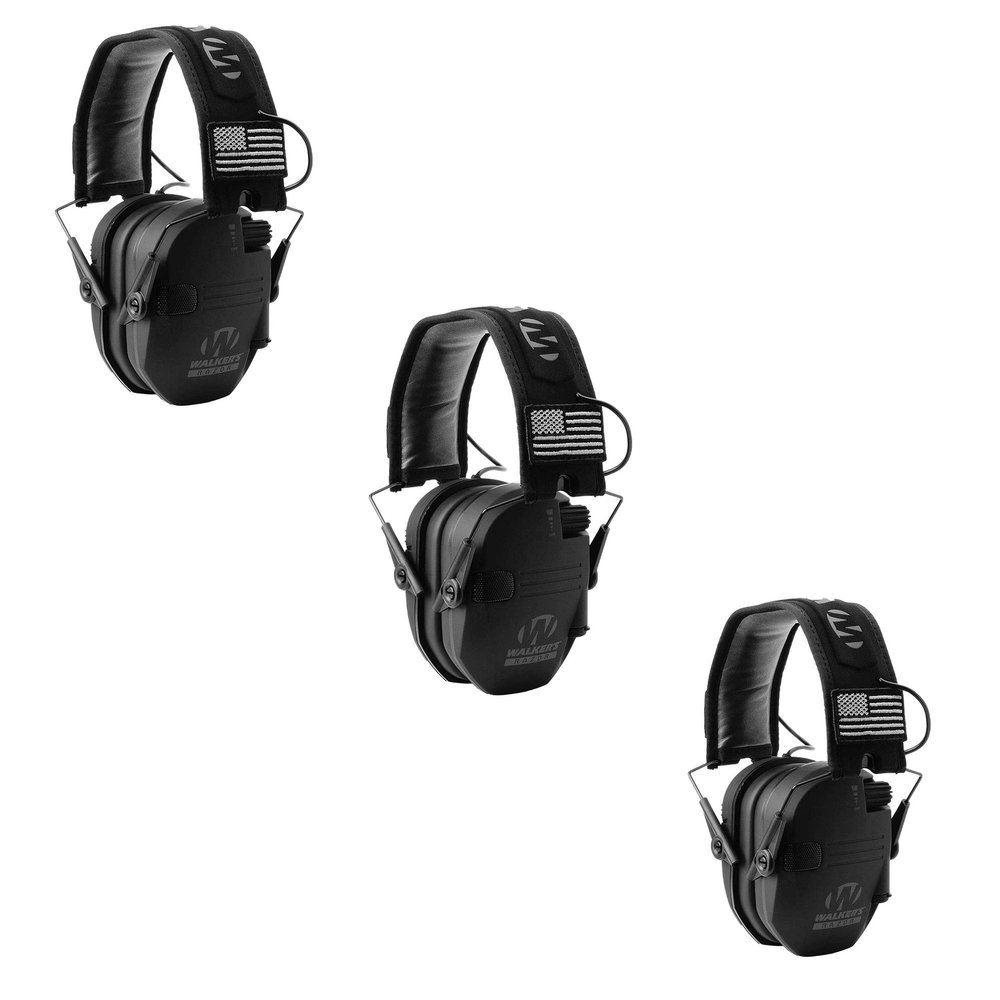 Walker's Razor Slim Shooter Electronic Hunting Folding Sound Dampening Hearing Protection Earmuffs with 23dB Noise Reduction, Black Patriot, 3 Pack