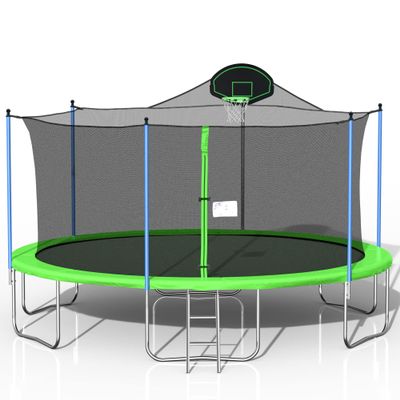 steelway 16FT Trampoline with Safety Enclosure Net, Basketball Hoop and Ladder, Large-Scale Trampoline for Kids/Adluts Family Jumping Outdoor Workout, Green