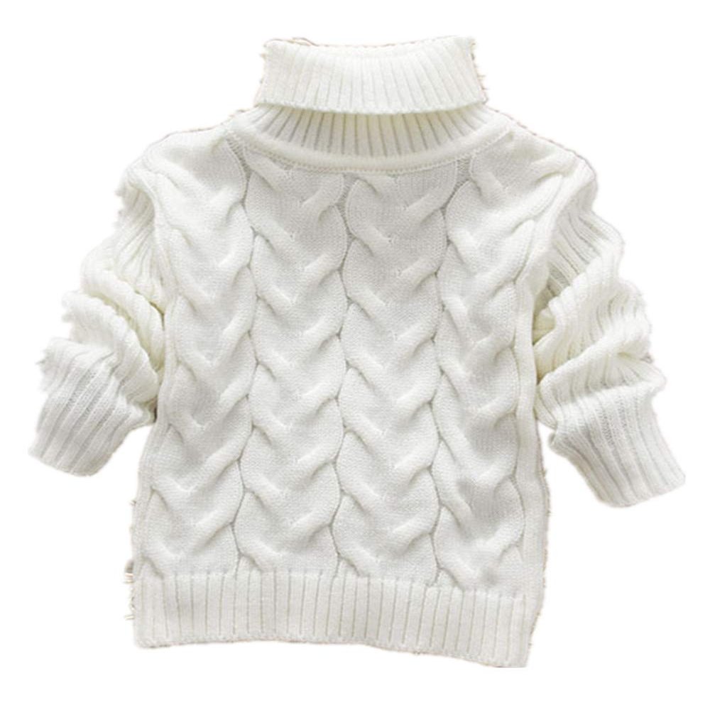 1-8 Years Children's Sweater Boys Girls Solid High Neck Pullover Twist Knitted Sweater (White,2-3 Years)