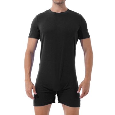 Lejafay Men's Adult Short Sleeve Button Crotch Shirt Slim Fit Active Wrestling Leotard Romper Black Large
