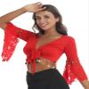 JanJean Women Shiny Bead Tassel Belly Dance Top Lace 3/4 Flared Sleeves Shawl Crop Tops Dancewear Red 3X-Large view 1