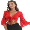 JanJean Women Shiny Bead Tassel Belly Dance Top Lace 3/4 Flared Sleeves Shawl Crop Tops Dancewear Red 3X-Large view 2