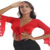 JanJean Women Shiny Bead Tassel Belly Dance Top Lace 3/4 Flared Sleeves Shawl Crop Tops Dancewear Red 3X-Large view 3