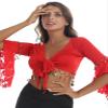 JanJean Women Shiny Bead Tassel Belly Dance Top Lace 3/4 Flared Sleeves Shawl Crop Tops Dancewear Red 3X-Large view 4