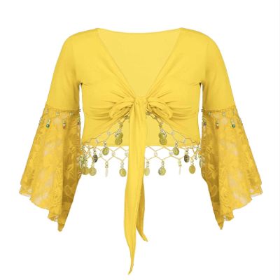 JanJean Women Shiny Bead Tassel Belly Dance Top Lace 3/4 Flared Sleeves Shawl Crop Tops Dancewear Yellow Large