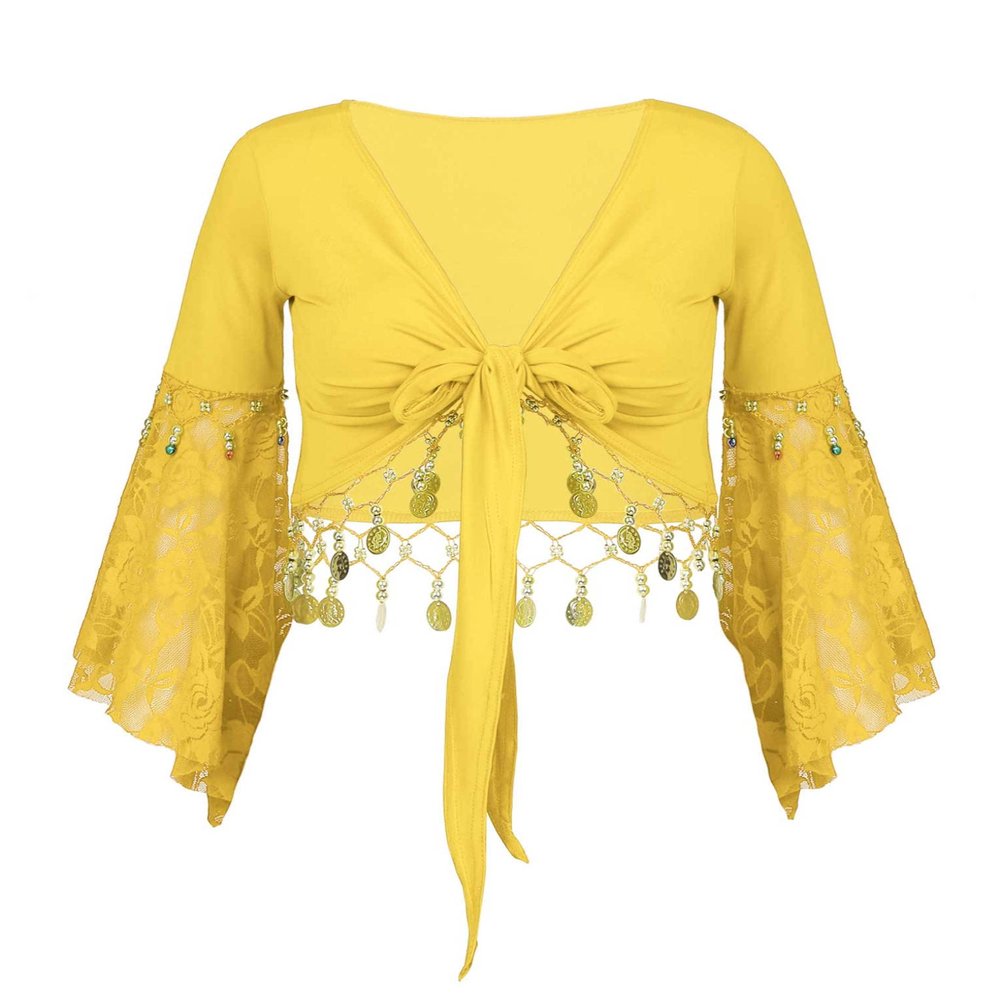 JanJean Women Shiny Bead Tassel Belly Dance Top Lace 3/4 Flared Sleeves Shawl Crop Tops Dancewear Yellow Large