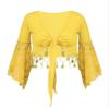 JanJean Women Shiny Bead Tassel Belly Dance Top Lace 3/4 Flared Sleeves Shawl Crop Tops Dancewear Yellow Large view 1