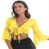 JanJean Women Shiny Bead Tassel Belly Dance Top Lace 3/4 Flared Sleeves Shawl Crop Tops Dancewear Yellow Large view 2
