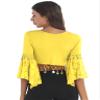 JanJean Women Shiny Bead Tassel Belly Dance Top Lace 3/4 Flared Sleeves Shawl Crop Tops Dancewear Yellow Large view 3