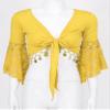 JanJean Women Shiny Bead Tassel Belly Dance Top Lace 3/4 Flared Sleeves Shawl Crop Tops Dancewear Yellow Large view 4