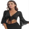 JanJean Women Shiny Bead Tassel Belly Dance Top Lace 3/4 Flared Sleeves Shawl Crop Tops Dancewear Black X-Large view 1