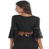 JanJean Women Shiny Bead Tassel Belly Dance Top Lace 3/4 Flared Sleeves Shawl Crop Tops Dancewear Black X-Large view 2