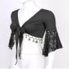 JanJean Women Shiny Bead Tassel Belly Dance Top Lace 3/4 Flared Sleeves Shawl Crop Tops Dancewear Black X-Large view 4