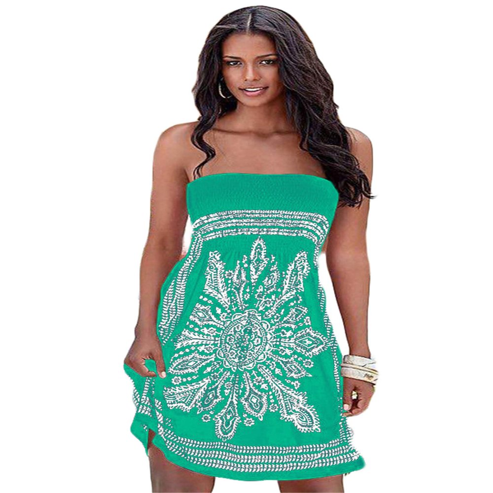 Andongnywell Women's Strapless Floral Casual Mini Beach Dress Cover-ups Dress Ladies Print Tube top Dresses (Green,Small)
