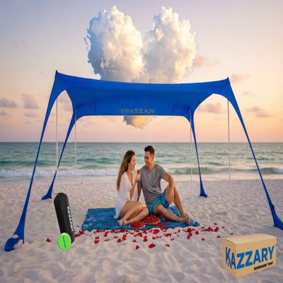 KAZZARY Beach Tent, UPF50+ 10x10 ft Sun Shade Canopy with Sandbags, 4 Stability Poles, Ground Pegs, Flying Disc Sand Shovel. Lightweight Sunshade Shelter, 7ft Tall for Camping Outdoor Trips and Sports
