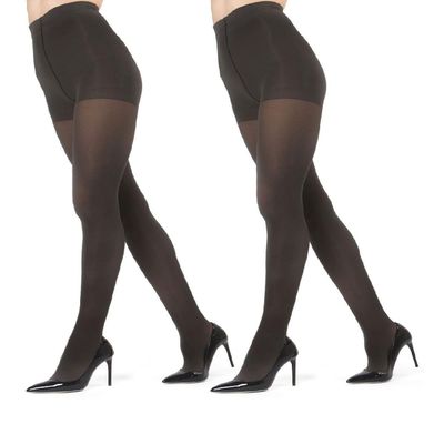 MeMoi 2 Pairs Women's Perfectly Opaque Control Top Microfiber Tights Charcoal Q1/Q2