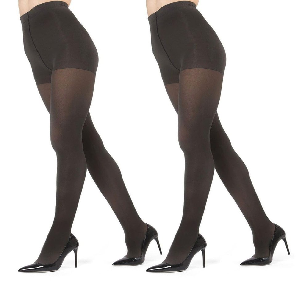 MeMoi 2 Pairs Women's Perfectly Opaque Control Top Microfiber Tights Charcoal Q1/Q2