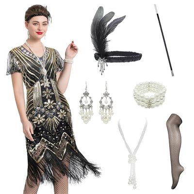 1920s Art Deco Fringed Sequin Dress 20s Flapper Gatsby Costume Dress W/ 20s Accessories Set (3X-Large, Black Gold)