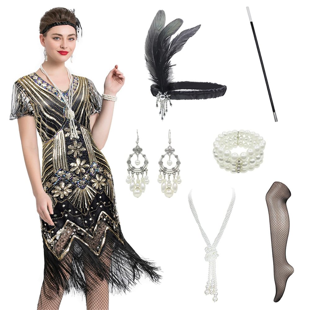1920s Art Deco Fringed Sequin Dress 20s Flapper Gatsby Costume Dress W/ 20s Accessories Set (3X-Large, Black Gold)
