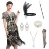 1920s Art Deco Fringed Sequin Dress 20s Flapper Gatsby Costume Dress W/ 20s Accessories Set (3X-Large, Black Gold) view 1