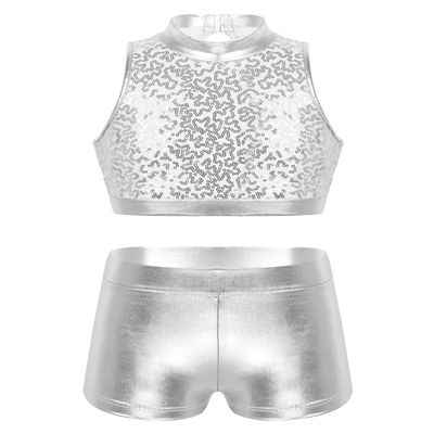Agoky Kids Girls Ballet Athletic Tracksuits Outfits Sports Dance Crop Tops with Dancing Bottoms Shorts Gymnastics Dancing Silver Sparkly 11-12
