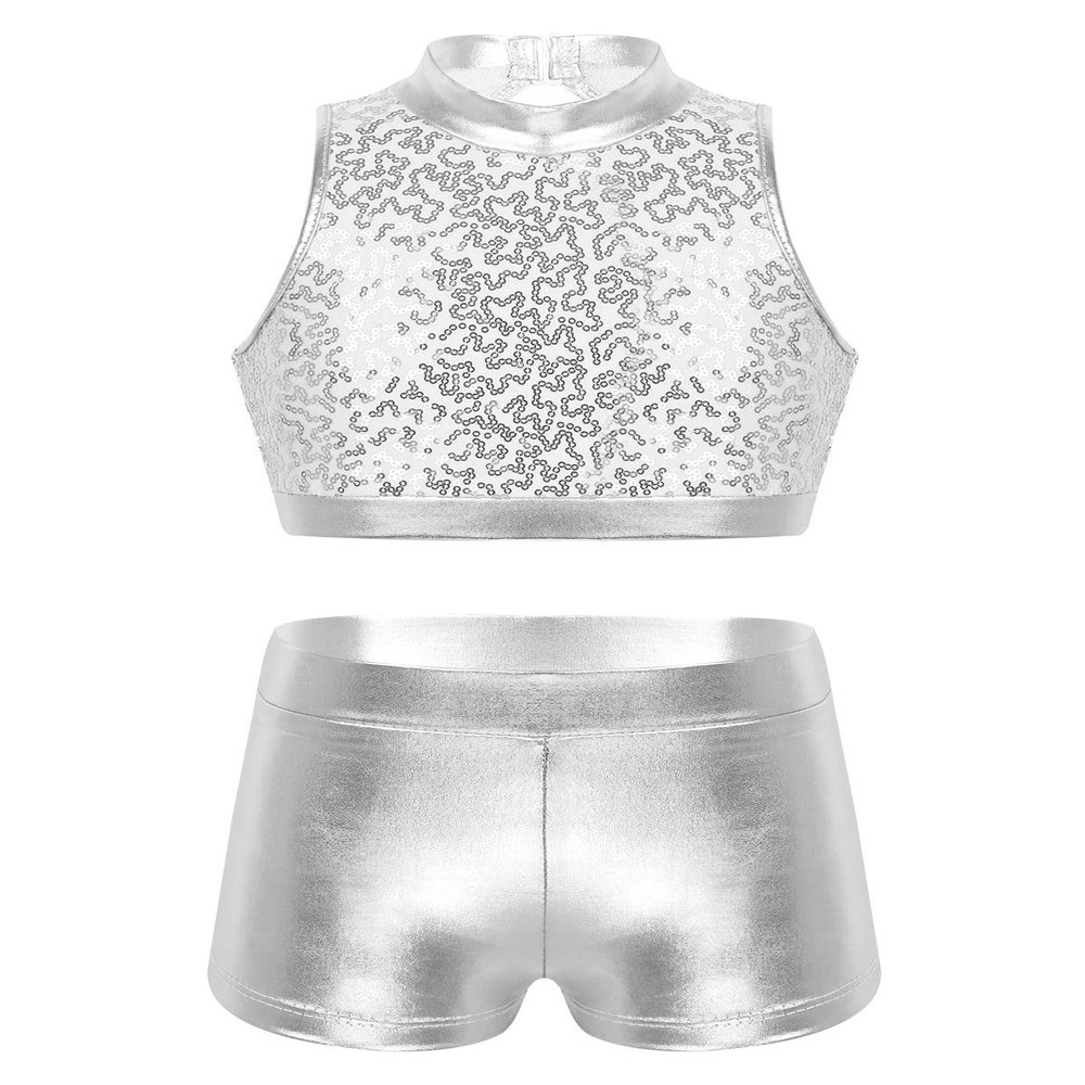 Agoky Kids Girls Ballet Athletic Tracksuits Outfits Sports Dance Crop Tops with Dancing Bottoms Shorts Gymnastics Dancing Silver Sparkly 11-12