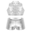 Agoky Kids Girls Ballet Athletic Tracksuits Outfits Sports Dance Crop Tops with Dancing Bottoms Shorts Gymnastics Dancing Silver Sparkly 11-12 view 1