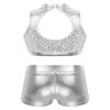 Agoky Kids Girls Ballet Athletic Tracksuits Outfits Sports Dance Crop Tops with Dancing Bottoms Shorts Gymnastics Dancing Silver Sparkly 11-12 view 2