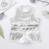 Agoky Kids Girls Ballet Athletic Tracksuits Outfits Sports Dance Crop Tops with Dancing Bottoms Shorts Gymnastics Dancing Silver Sparkly 11-12 view 3