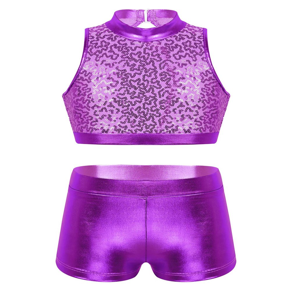 Agoky Kids Girls Ballet Athletic Tracksuits Outfits Sports Dance Crop Tops with Dancing Bottoms Shorts Gymnastics Dancing Purple Sparkly 9-10