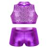 Agoky Kids Girls Ballet Athletic Tracksuits Outfits Sports Dance Crop Tops with Dancing Bottoms Shorts Gymnastics Dancing Purple Sparkly 9-10 view 1