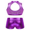 Agoky Kids Girls Ballet Athletic Tracksuits Outfits Sports Dance Crop Tops with Dancing Bottoms Shorts Gymnastics Dancing Purple Sparkly 9-10 view 2
