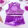 Agoky Kids Girls Ballet Athletic Tracksuits Outfits Sports Dance Crop Tops with Dancing Bottoms Shorts Gymnastics Dancing Purple Sparkly 9-10 view 4