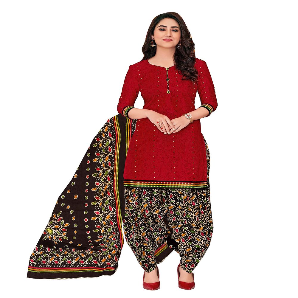 Miraan Women's Cotton Printed Readymade Salwar Suit Large Red