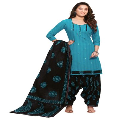 Miraan Women's Cotton Printed Readymade Salwar Suit Medium Blue