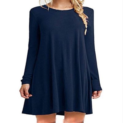 Andongnywell Women's Long Sleeve Pockets Casual Swing T-Shirt Dresses Solid Colors Simple Loose Dress (Dark Blue,X-Large)