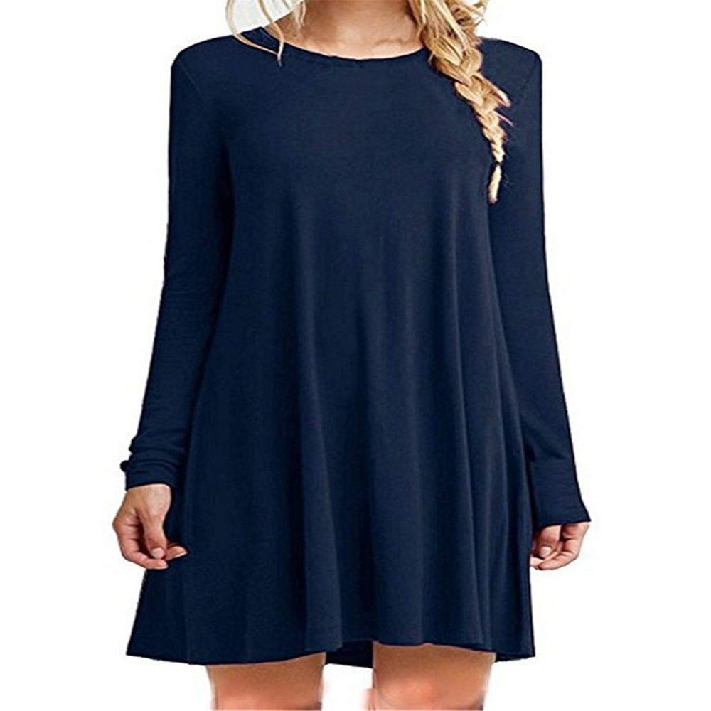 Andongnywell Women's Long Sleeve Pockets Casual Swing T-Shirt Dresses Solid Colors Simple Loose Dress (Dark Blue,X-Large)