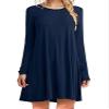 Andongnywell Women's Long Sleeve Pockets Casual Swing T-Shirt Dresses Solid Colors Simple Loose Dress (Dark Blue,X-Large)