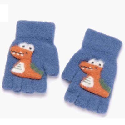 Children's Half Finger Gloves Winter Winter Boy Girl Baby Kid Kindergarten Writing Draw Show Finger Keep Warm Dinosaur 1-3 Years Old (Color : Blue)