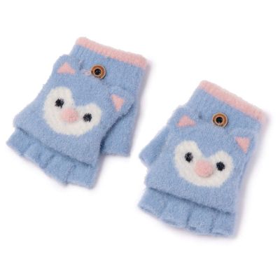 Child Flip Gloves Autumn and Winter Winter Baby Men and Women Baby Half Finger Lovely Cartoons Wool Knitting 1-2 Years Old (Color : Blue)