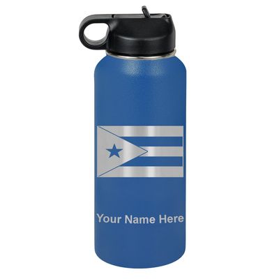 LaserGram Personalized Water Bottle, Flag of Puerto Rico, Stainless Steel Double Wall Vacuum Insulated with Flip Top Straw, Custom Engraved Gift (32oz / 950ml Dark Blue)