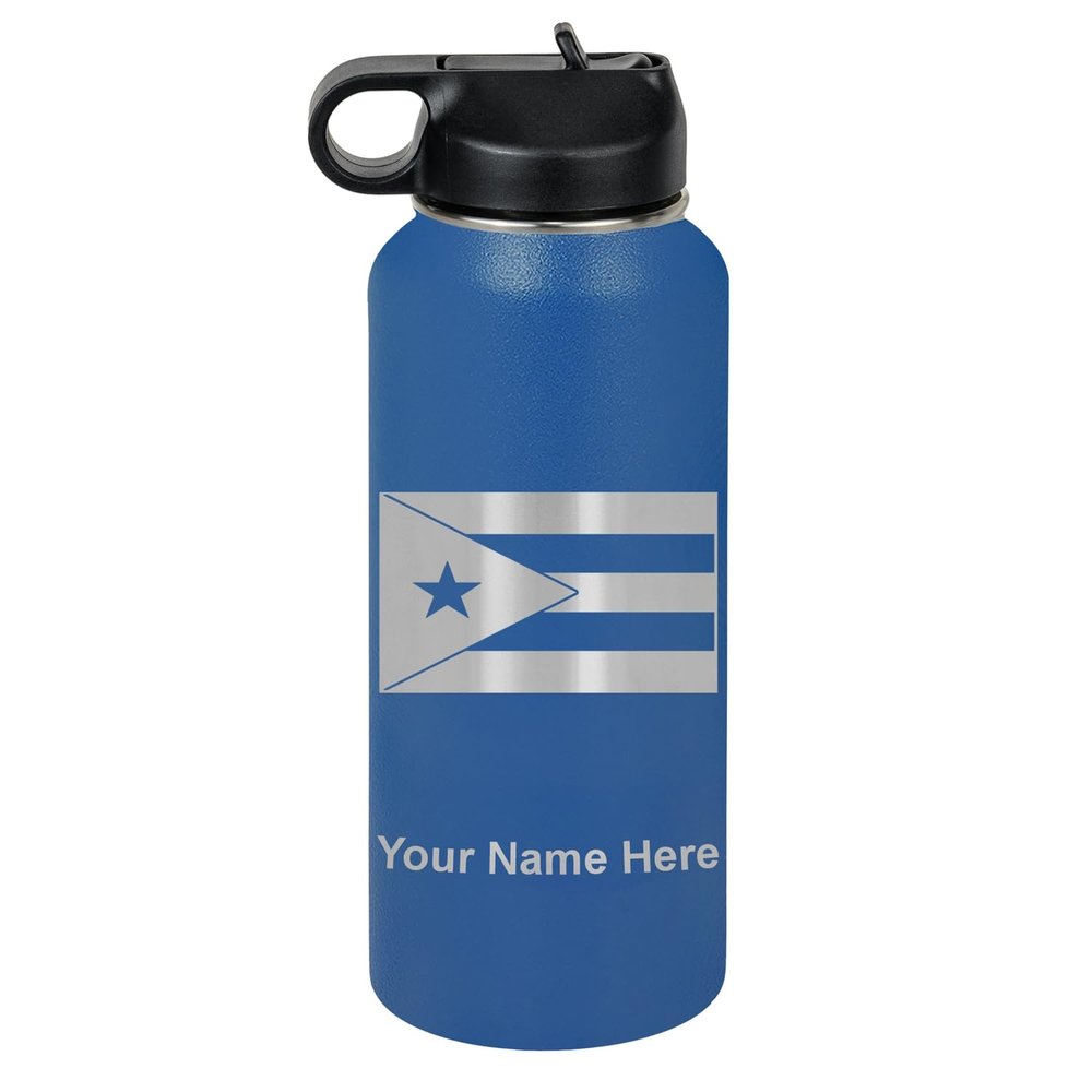 LaserGram Personalized Water Bottle, Flag of Puerto Rico, Stainless Steel Double Wall Vacuum Insulated with Flip Top Straw, Custom Engraved Gift (32oz / 950ml Dark Blue)