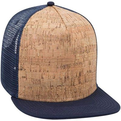 Ashen Fane Cork Flat Visor 5 Panel Snapback Mesh Back Trucker Hat, NVY/Cork/NVY