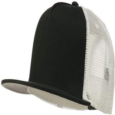 Ashen Fane 5 Panel Flat Visor Mesh Back Trucker Snapback Hat, Blk/Blk/Wht