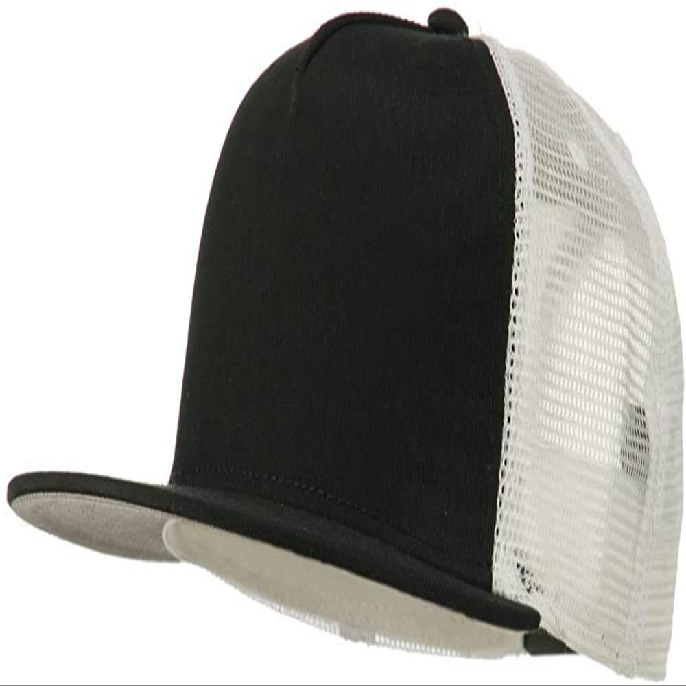 Ashen Fane 5 Panel Flat Visor Mesh Back Trucker Snapback Hat, Blk/Blk/Wht